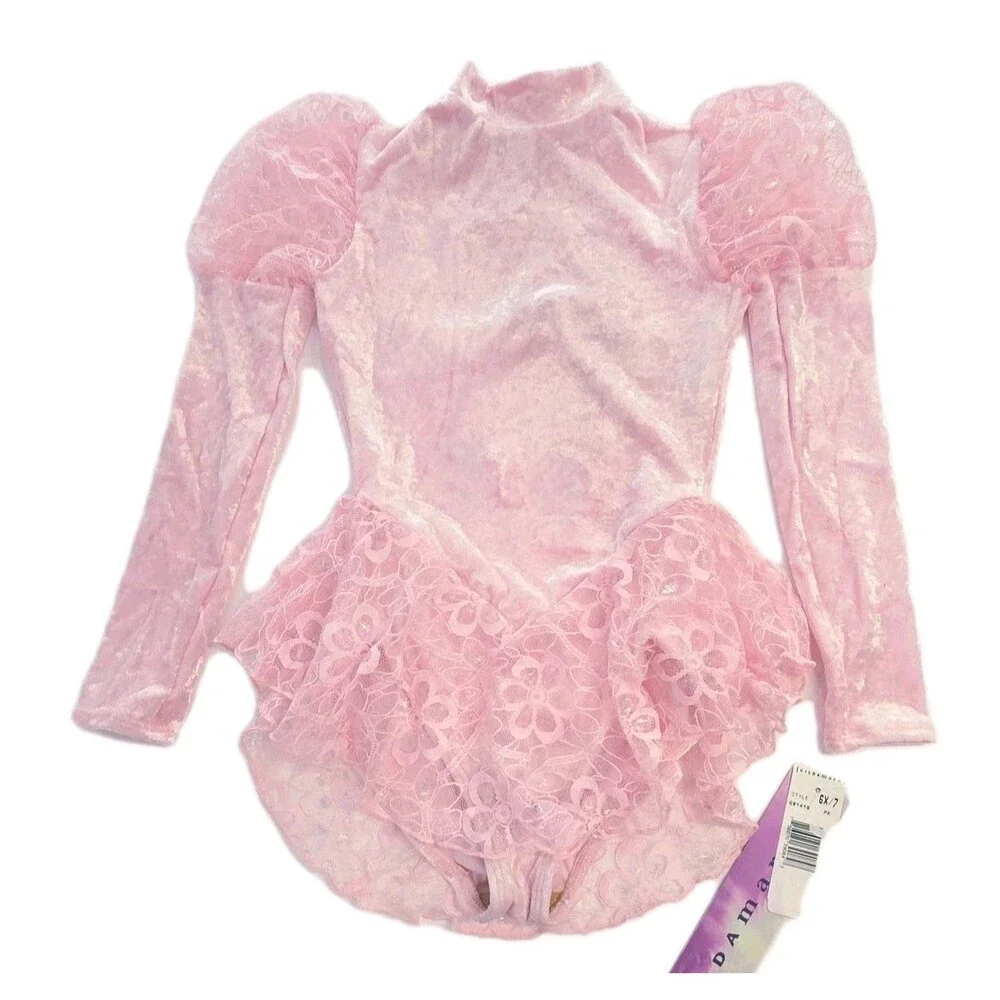 Gikda Marx VTG Kids High Neck Velvet Lace Skirted Princess Pink Leotard Sz 6X/7